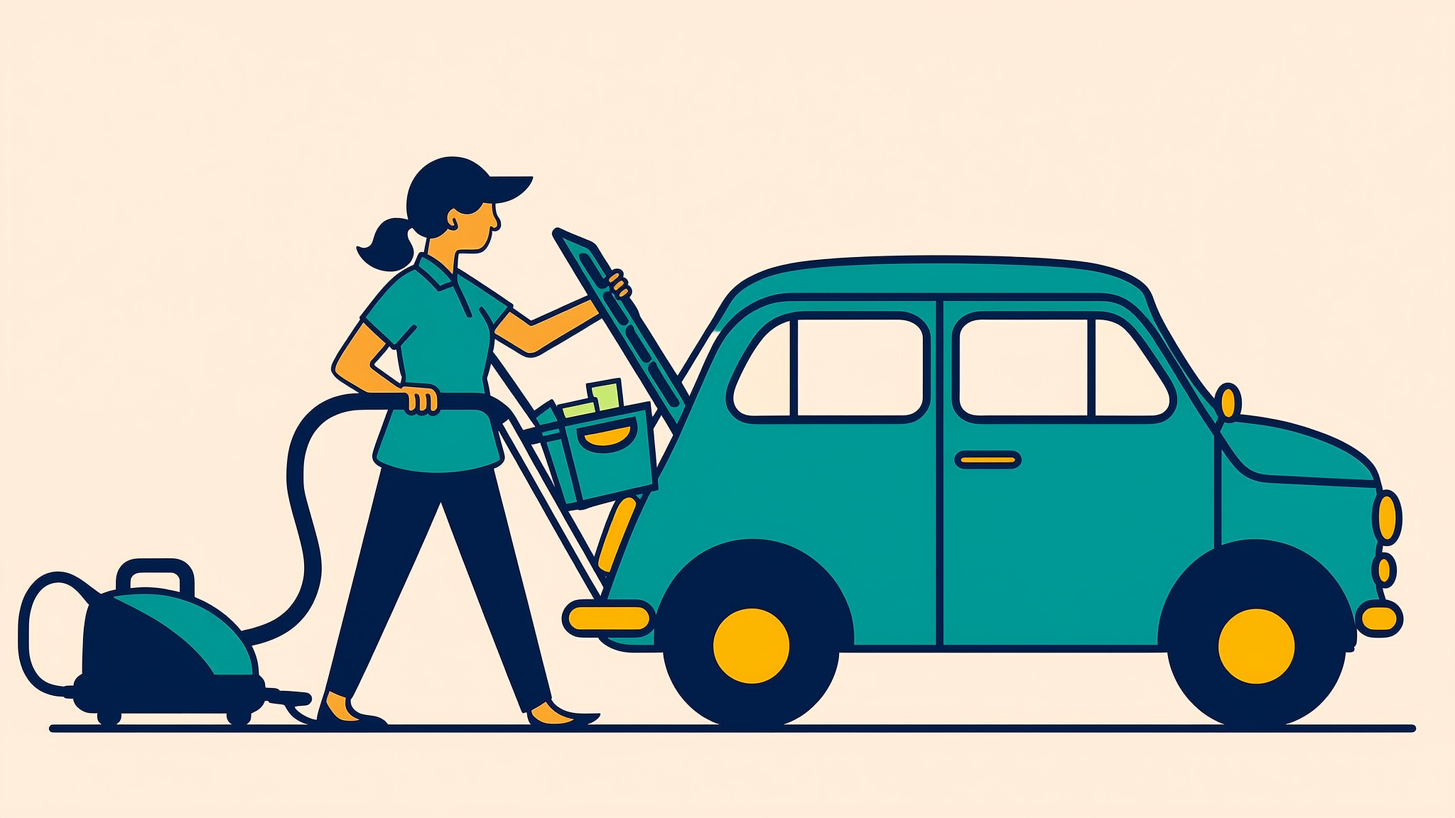 Illustration of a house cleaner loading a vacuum and cleaning caddy into her car before heading to a client's home.